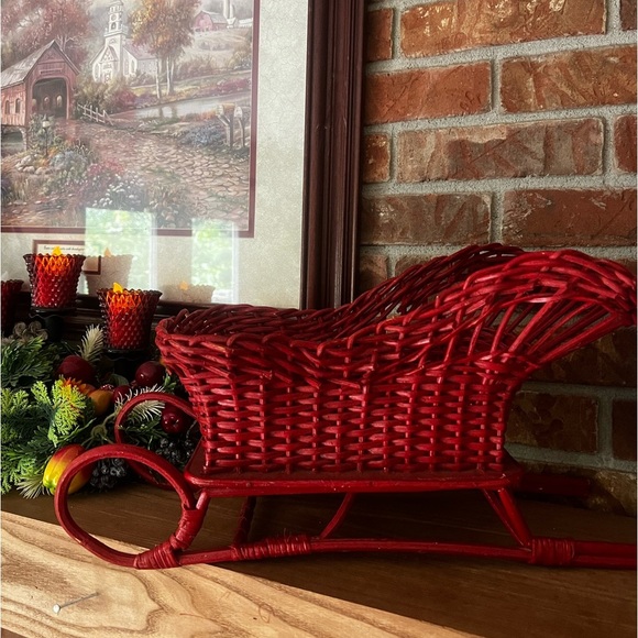 ❤️ Rare Vintage 1974 Red Wicker Basket Woven Christmas Sleigh 19” - Picture 6 of 6